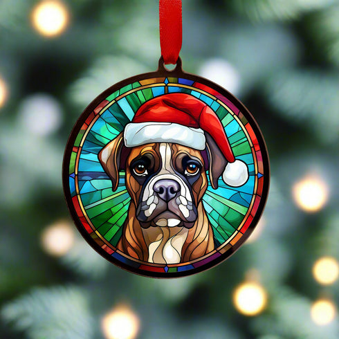 Boxer in Santa Hat Suncatcher Decoration